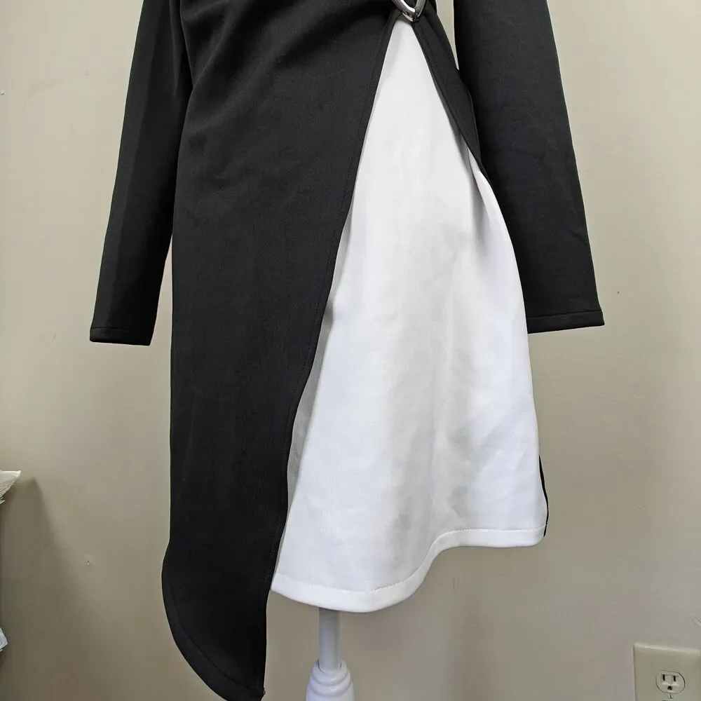 ASOS Buckle Waist Long Sleeve Dress Women's 8 US Monochrome Black White - Picture 3 of 9